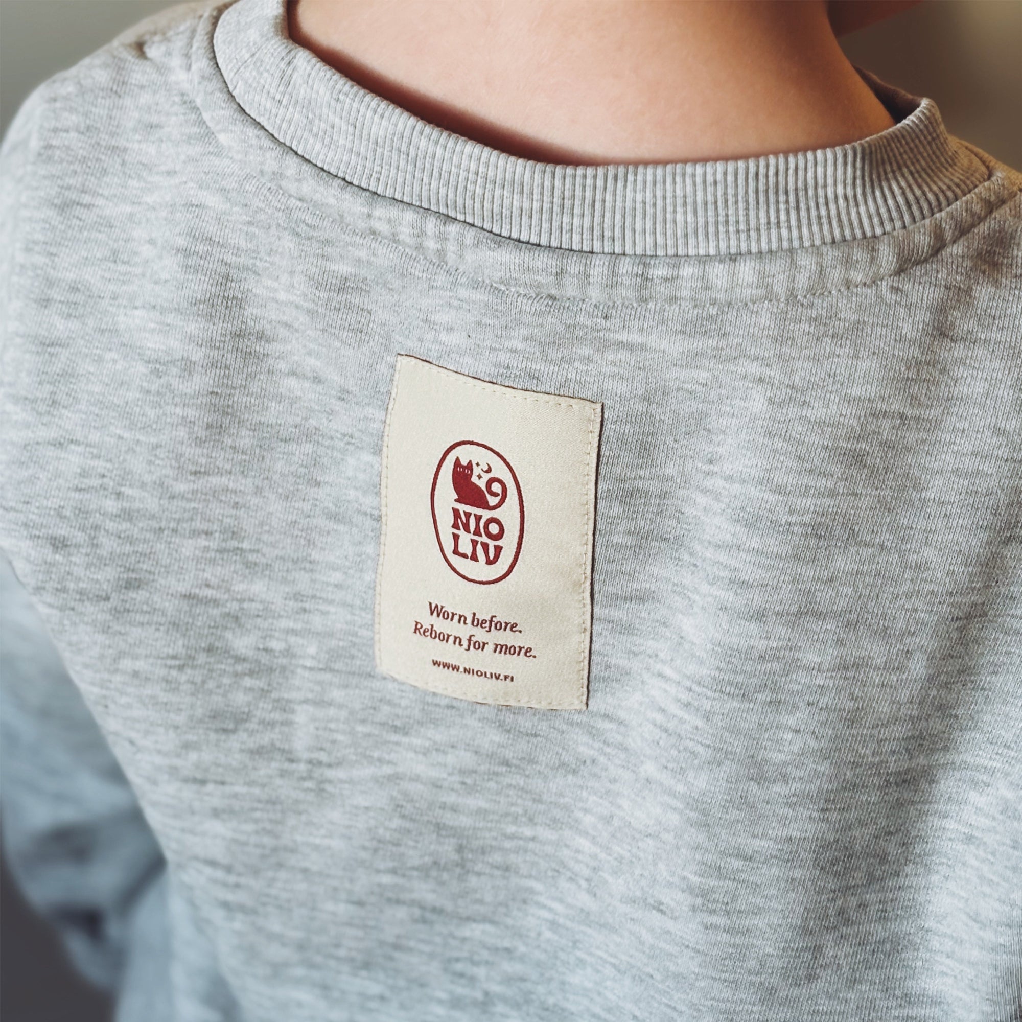 Gray sweatshirt with a brand label on the chest