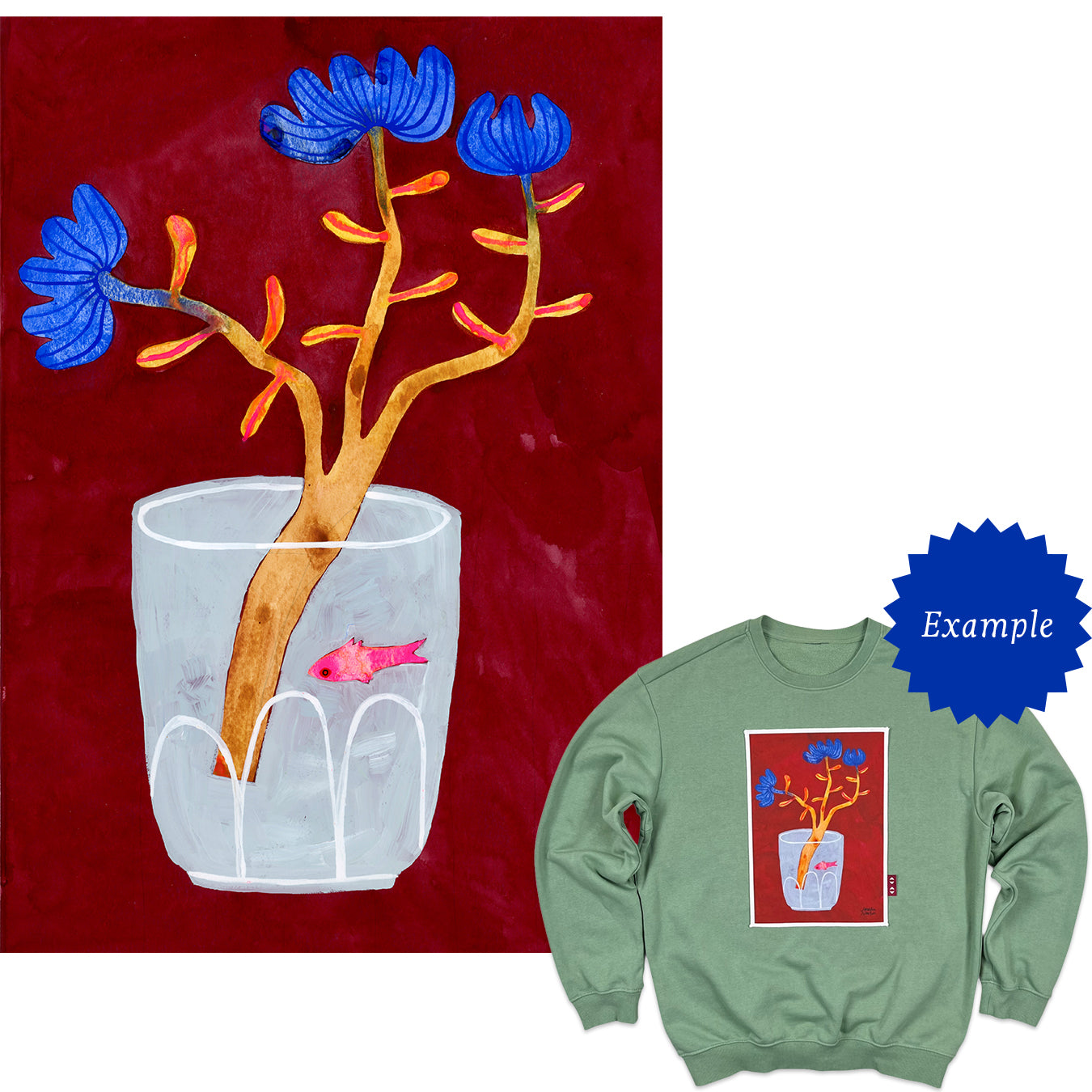Artistic depiction of flowers in a vase with a fish, displayed on a red background, next to a green sweatshirt with the same design.