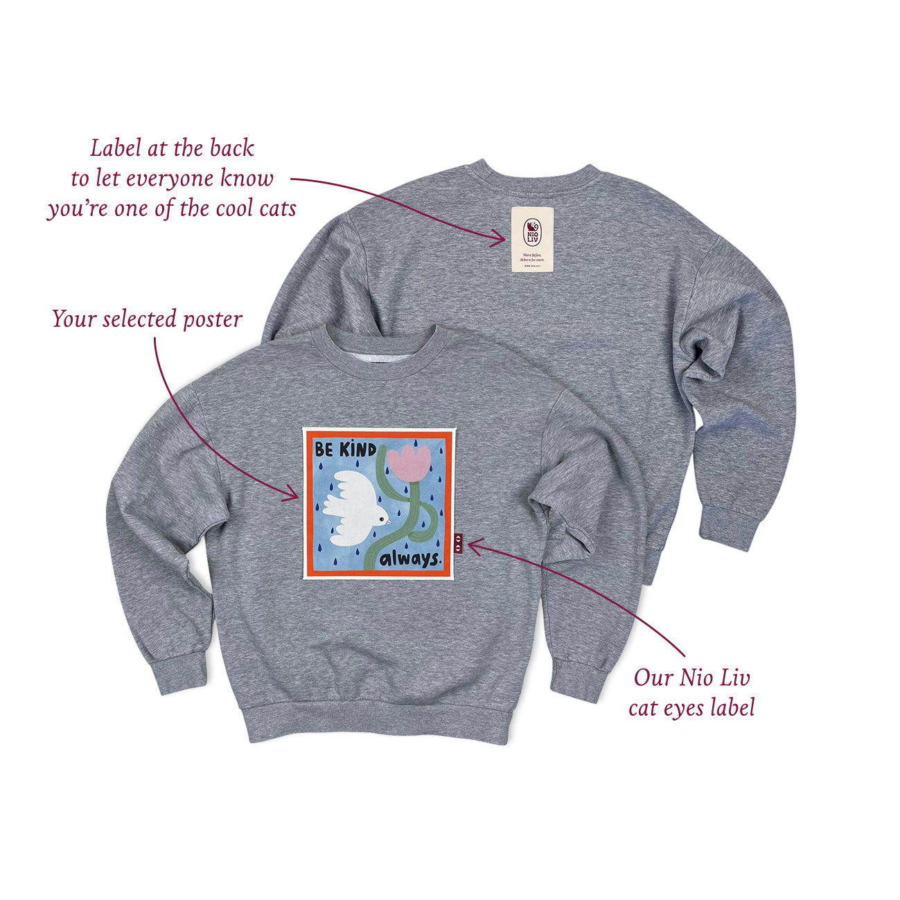 Gray sweatshirt with a label and a poster on a white background