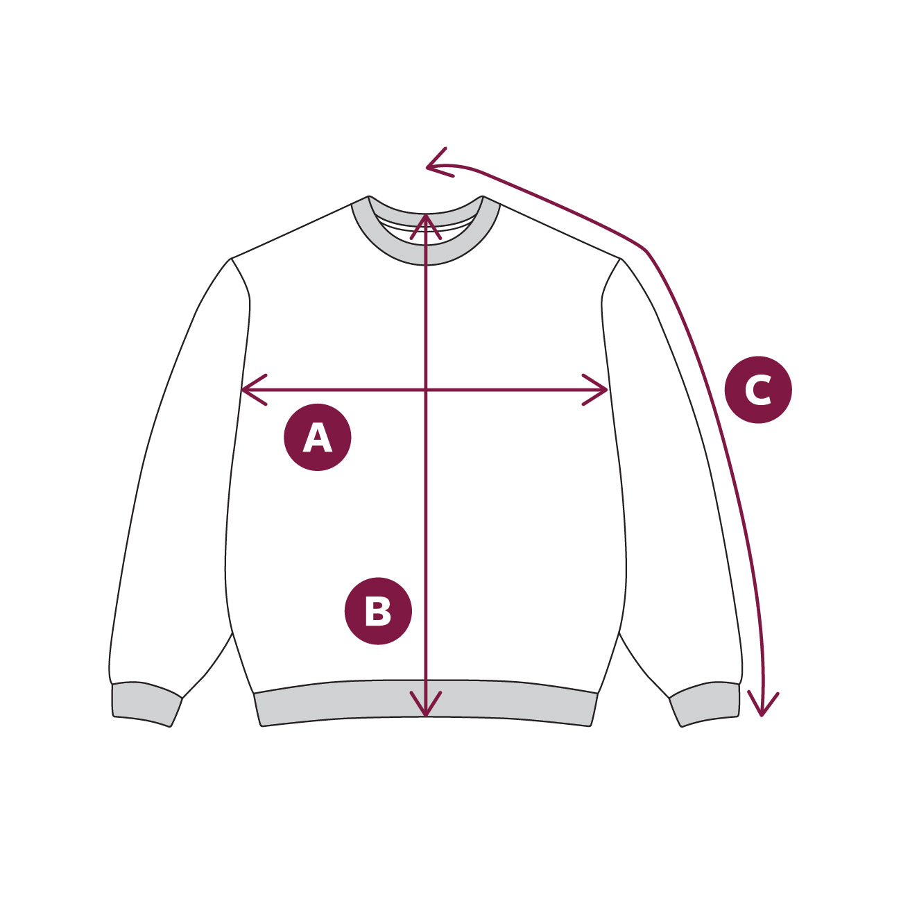 Measurement guide for a sweatshirt with labeled points A, B, and C on a white background