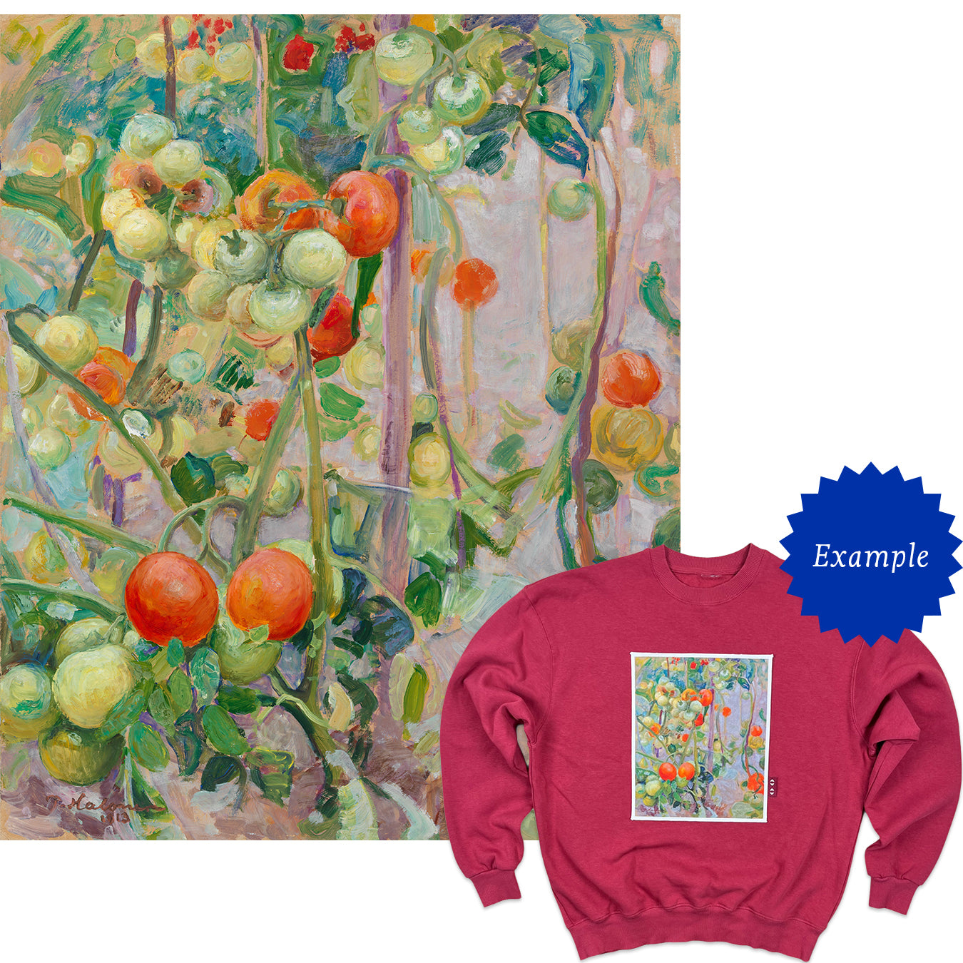 Sweatshirt with a printed design of a tomato plant, next to a painting of a tomato plant.